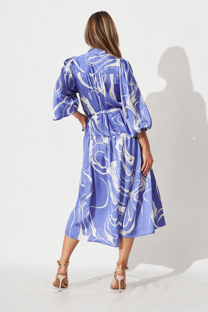 Pippa Maxi Dress In Blue With White Swirl Print Satin - back
