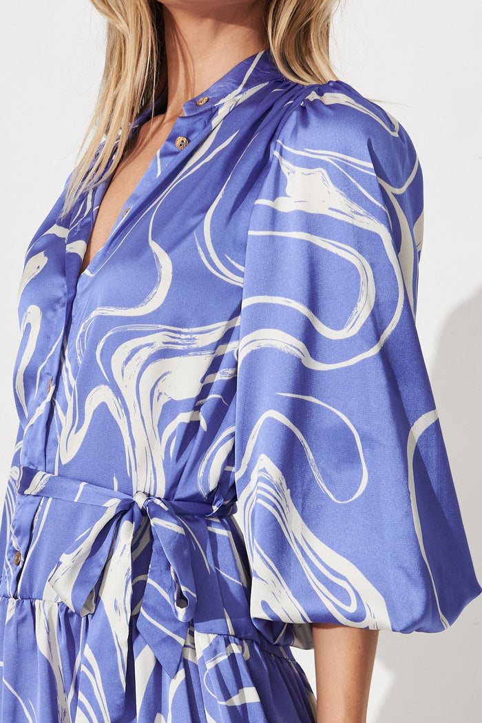 Pippa Maxi Dress In Blue With White Swirl Print Satin - detail