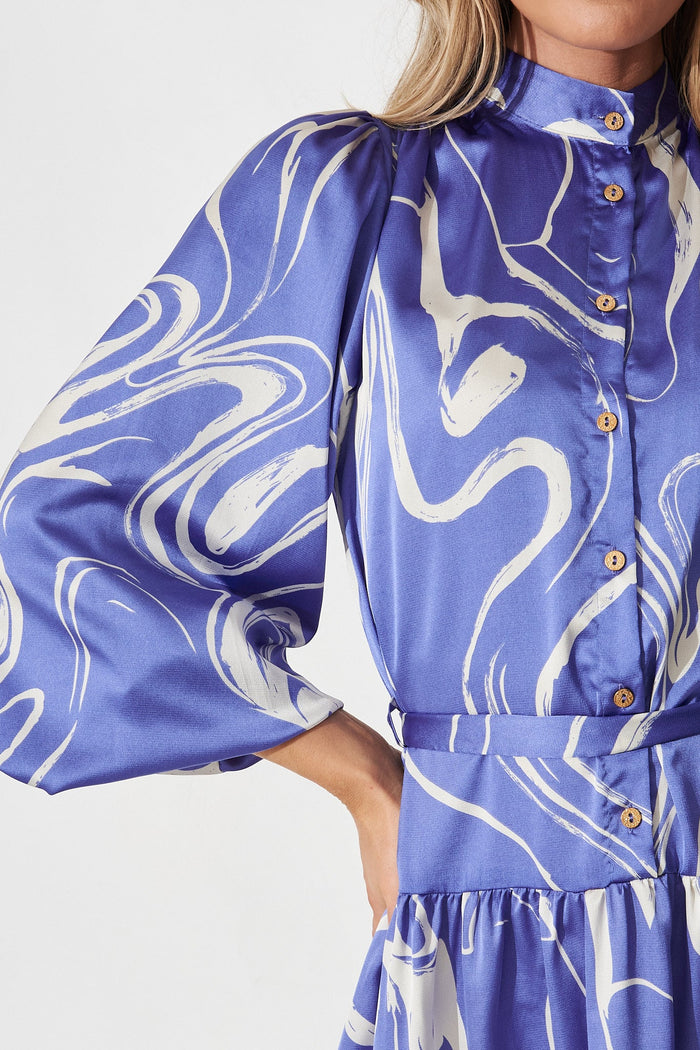 Pippa Maxi Dress In Blue With White Swirl Print Satin - detail