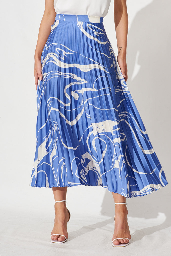 Allie Midi Pleat Skirt In Blue With White Swirl Satin - front