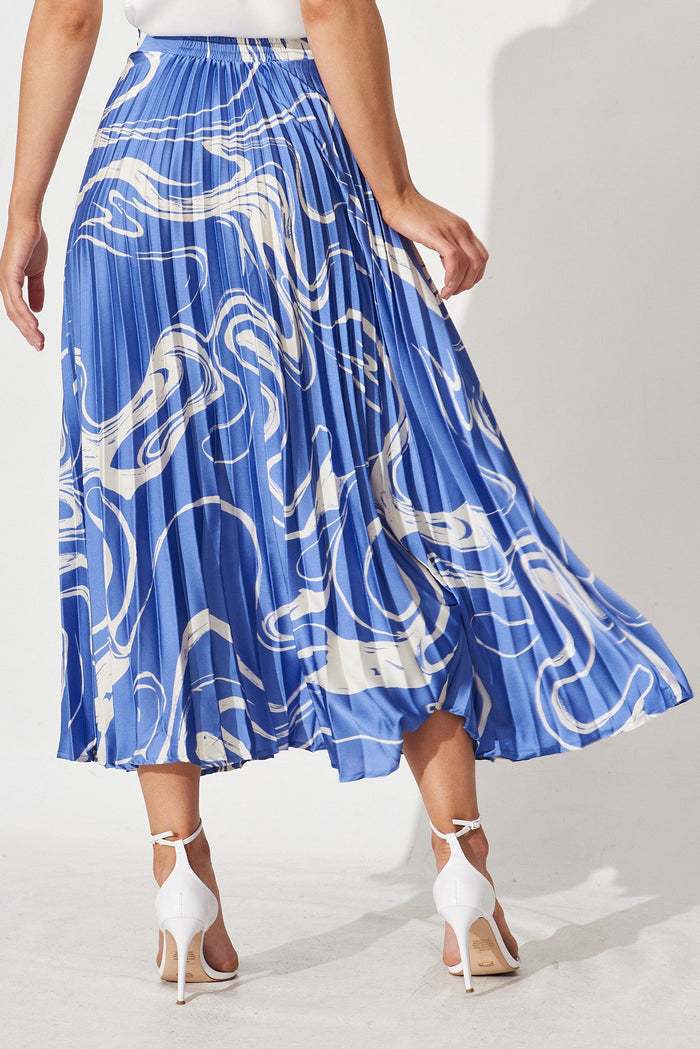 Allie Midi Pleat Skirt In Blue With White Swirl Satin - back