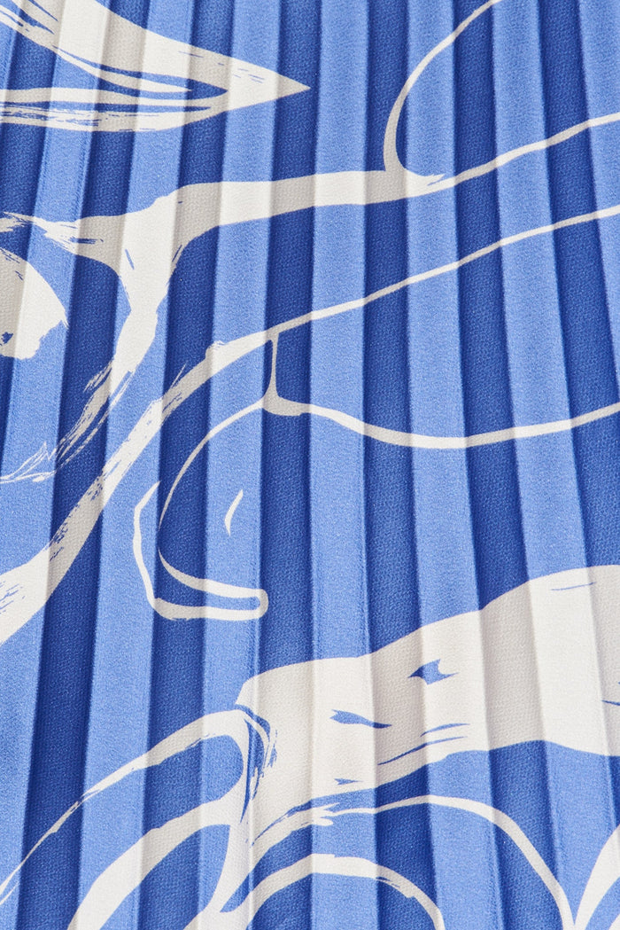 Allie Midi Pleat Skirt In Blue With White Swirl Satin - fabric