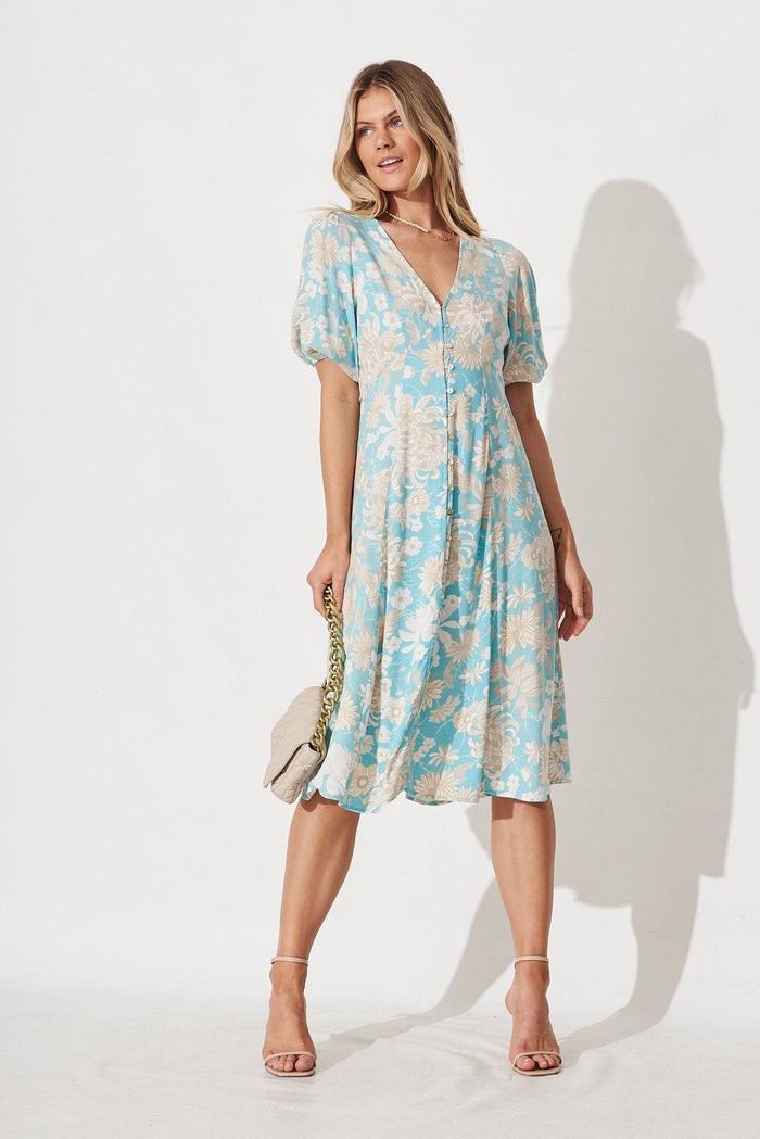 Elynne Midi Dress in Blue with White Floral - full length