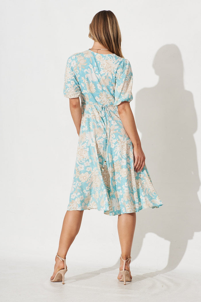 Elynne Midi Dress in Blue with White Floral - back