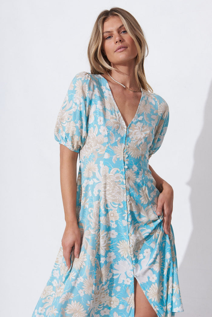 Elynne Midi Dress in Blue with White Floral - front