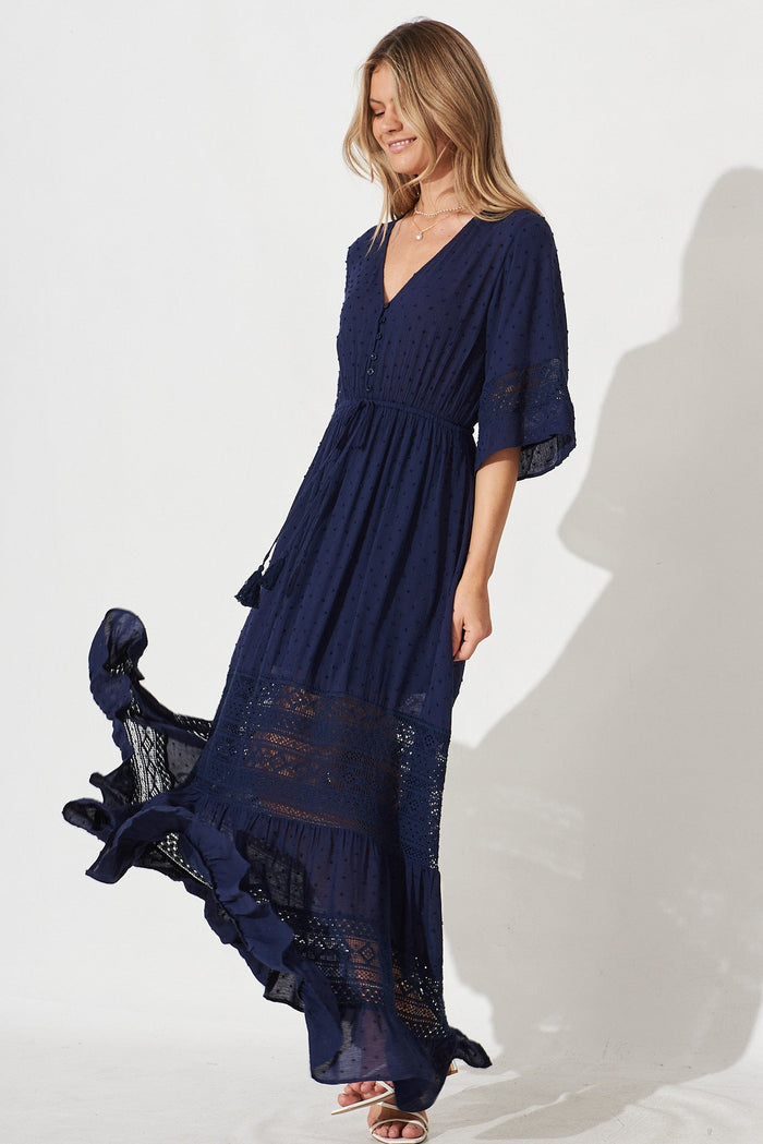 Boheme Maxi Dress In Navy Swiss Dot - full length