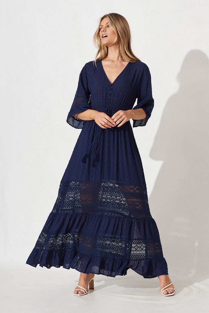 Boheme Maxi Dress In Navy Swiss Dot - full length