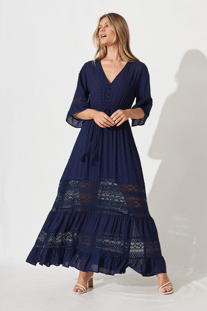 Boheme Maxi Dress In Navy Swiss Dot - full length