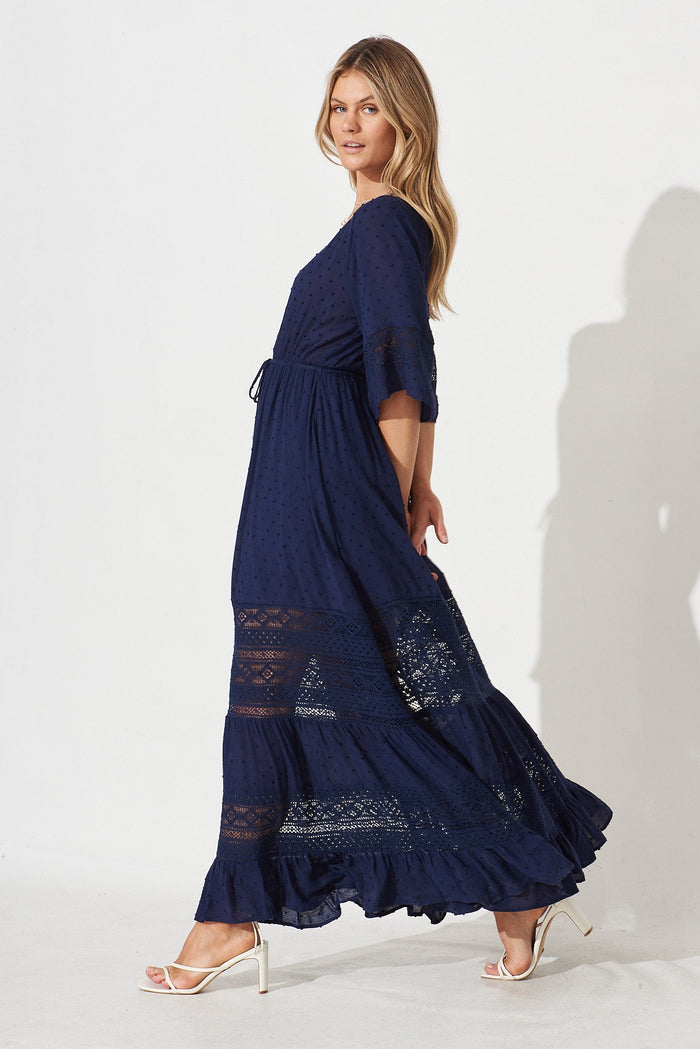 Boheme Maxi Dress In Navy Swiss Dot - side