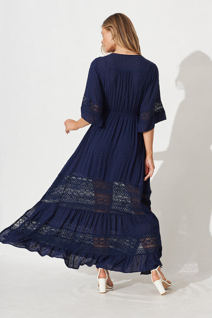 Boheme Maxi Dress In Navy Swiss Dot - back