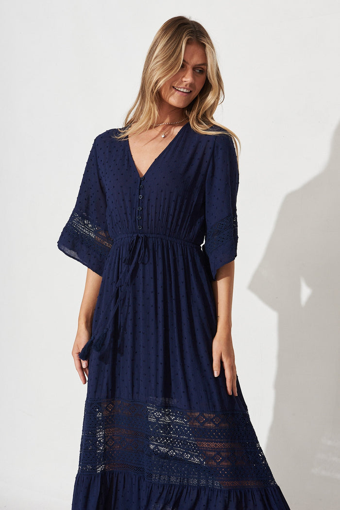 Boheme Maxi Dress In Navy Swiss Dot - front
