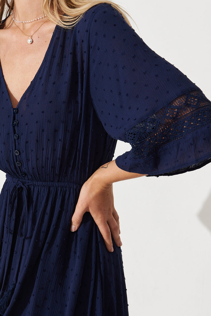 Boheme Maxi Dress In Navy Swiss Dot - detail
