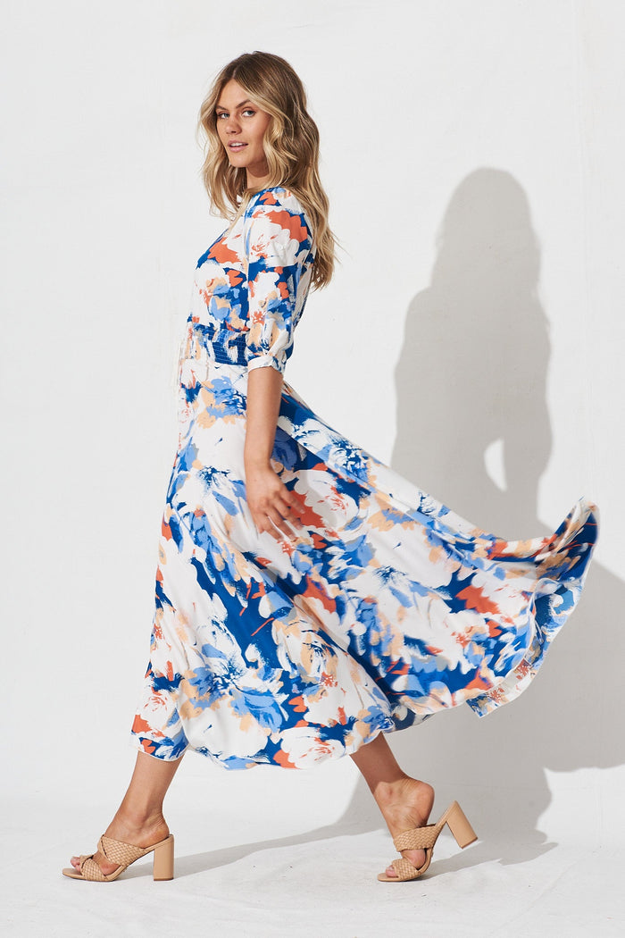 Selena Maxi Dress In Blue With White Floral - side