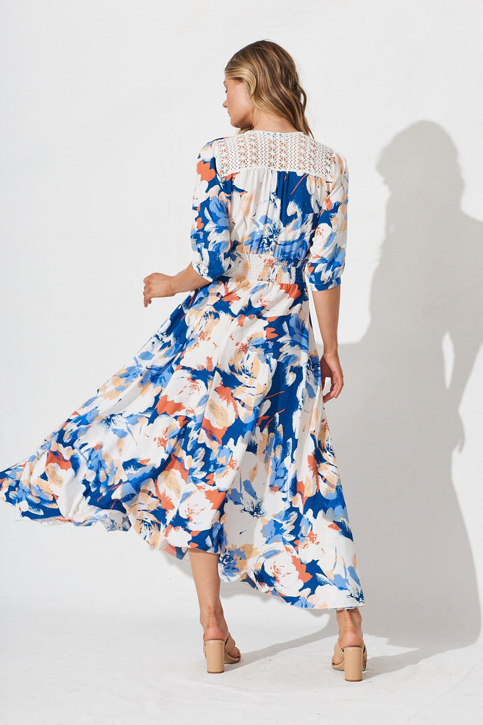 Selena Maxi Dress In Blue With White Floral - back