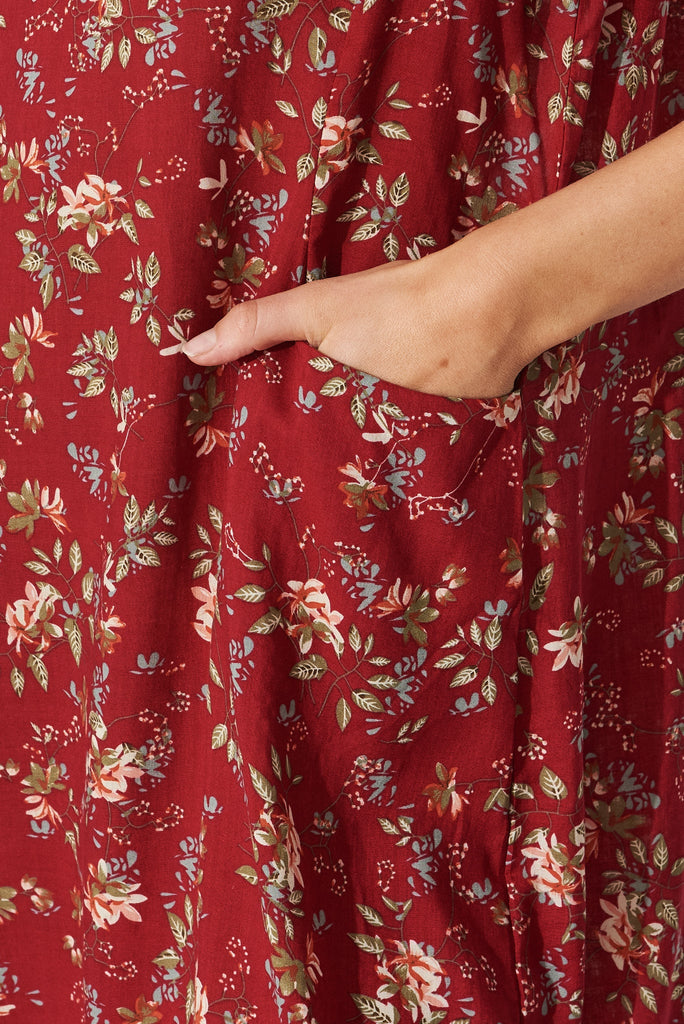 Marga Shift Dress in Red with Green Floral - detail