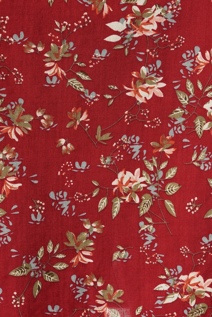 Marga Shift Dress in Red with Green Floral - fabric