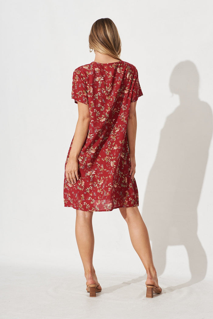 Marga Shift Dress in Red with Green Floral - back