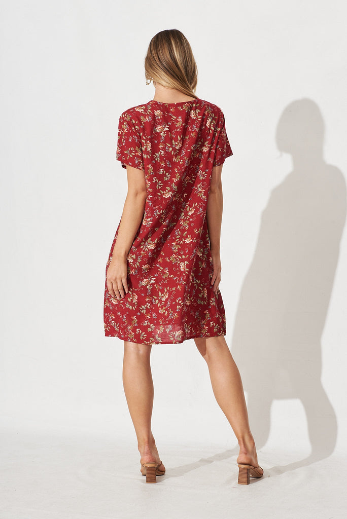 Marga Shift Dress in Red with Green Floral - back