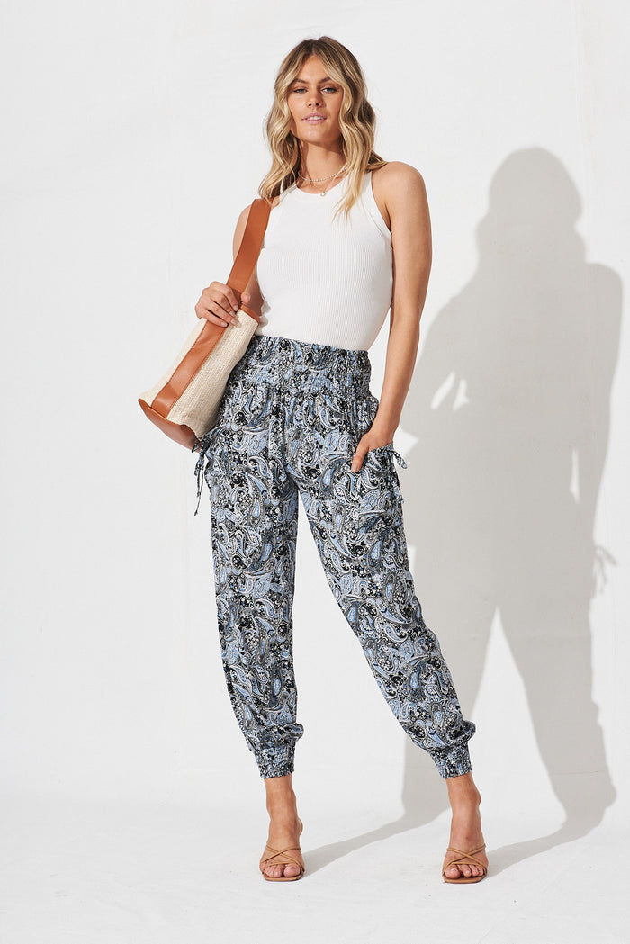 Gabby Lounge Pants In Black With Blue Paisley Print - full length