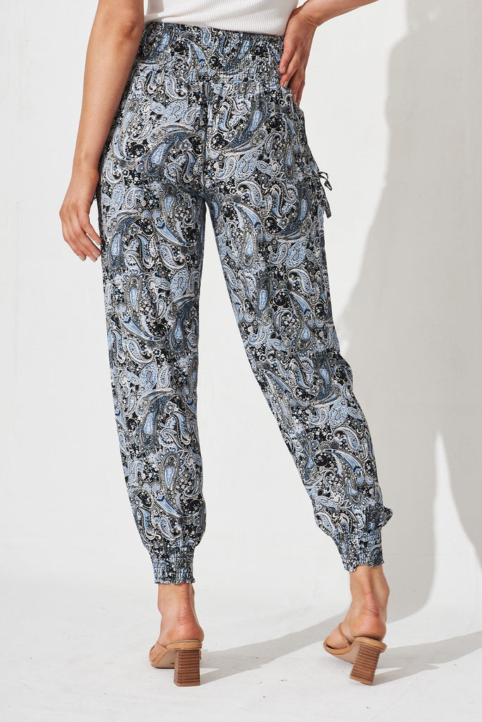Gabby Lounge Pants In Black With Blue Paisley Print - back