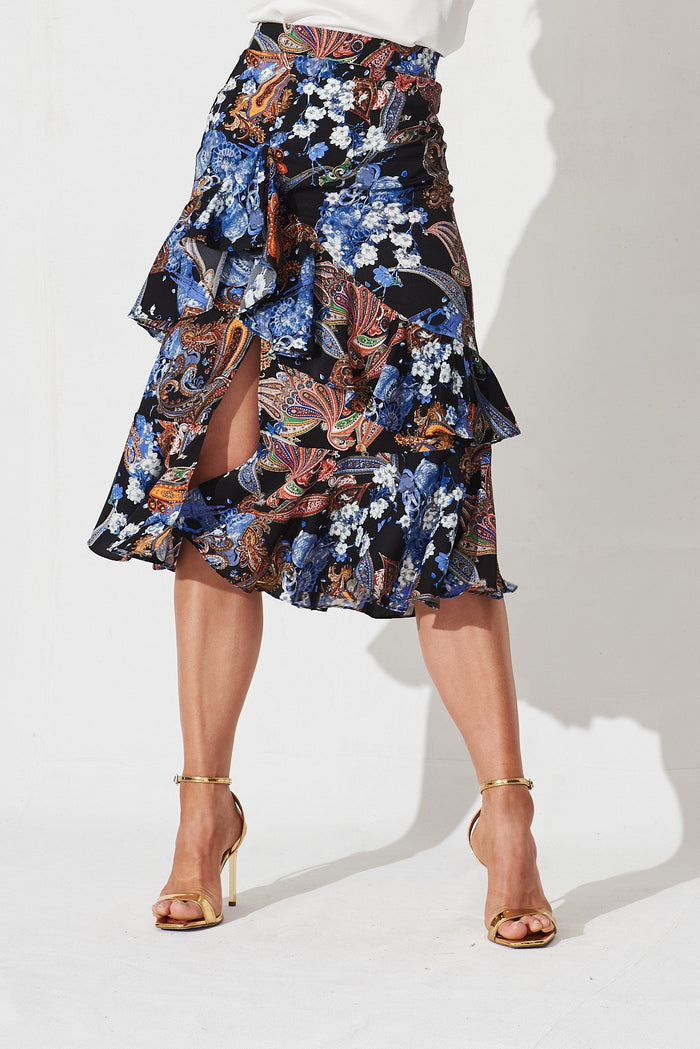 Liah Ruffle Skirt In Black Paisley - front