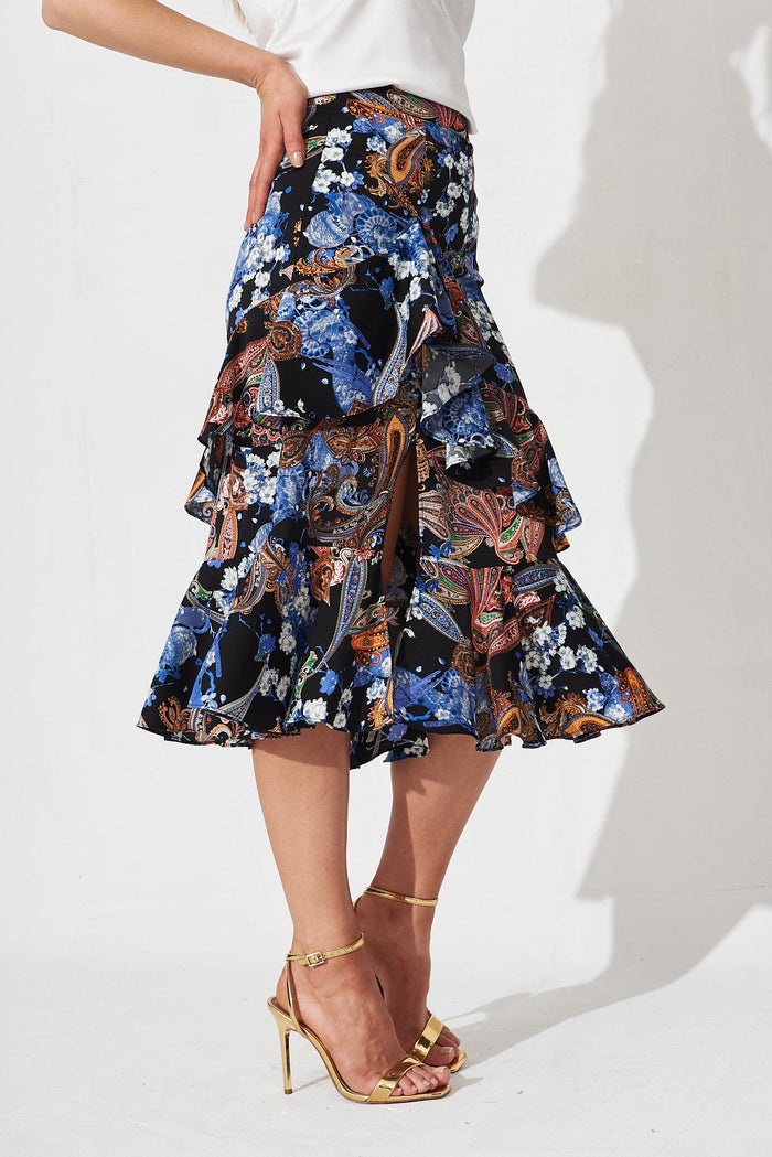 Liah Ruffle Skirt In Black Paisley - side