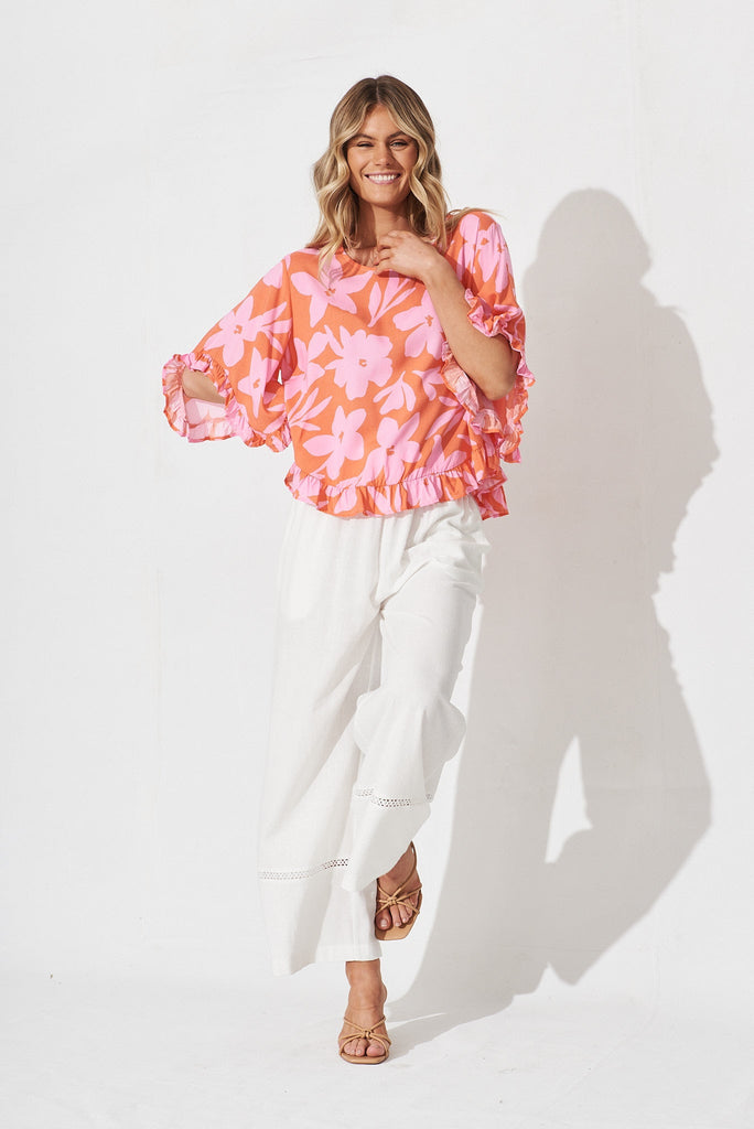 Akari Top In Orange and Pink Floral - full length