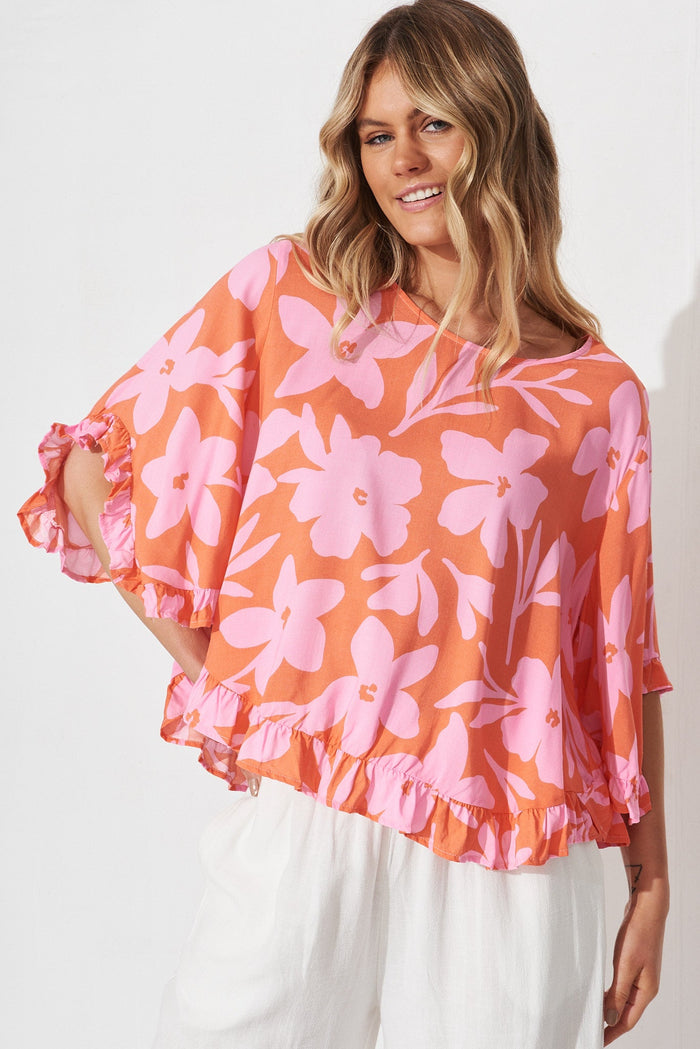 Akari Top In Orange and Pink Floral - front