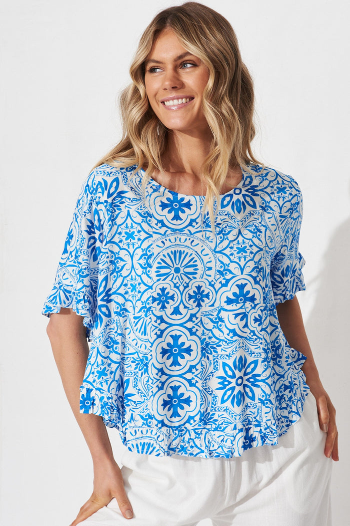 Oceania Top In Blue Tile Print - front