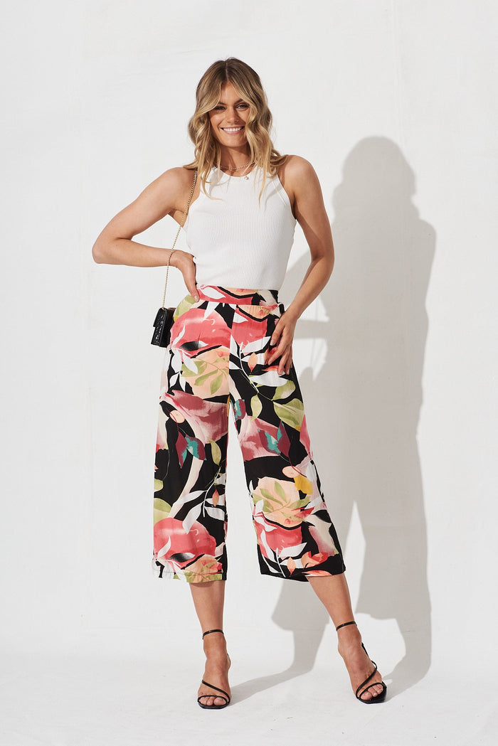 Mariette Pant In Black With Multi Print - full length