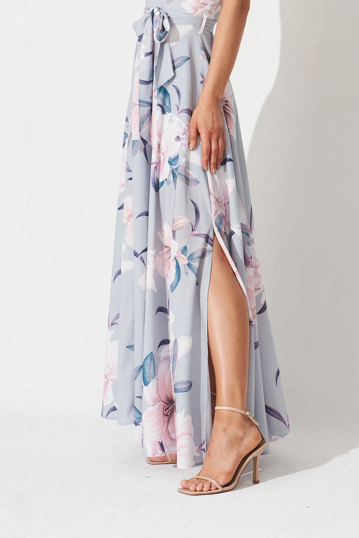 Night Visions Maxi Dress In Blue With White Floral - bottom detail