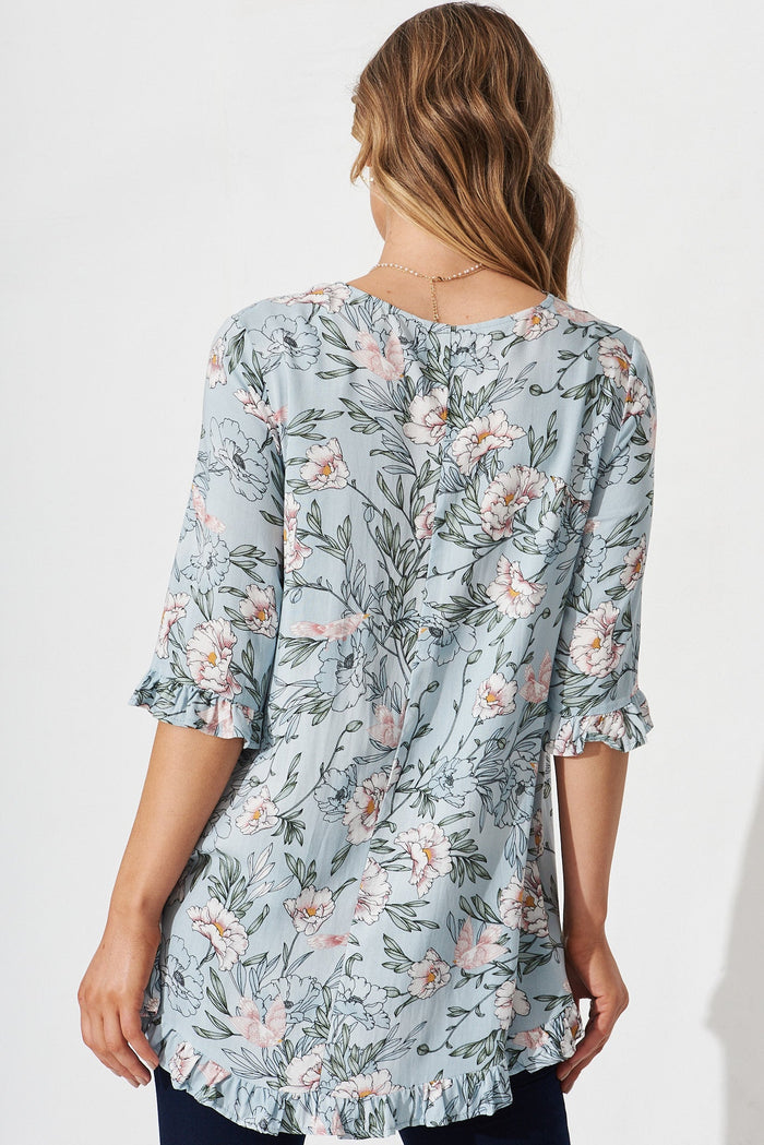 Weilla Top In Blue With Pink Floral - back