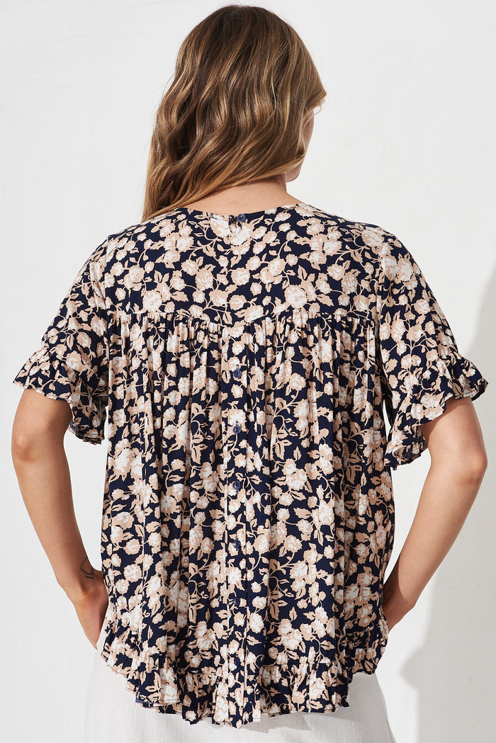 Saray Top In Black With Apricot Floral - back
