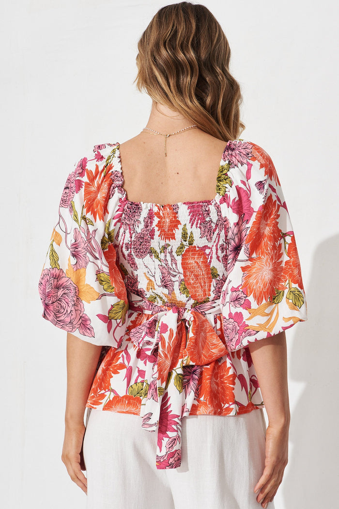 Hally Top In Orange With Pink Floral - back