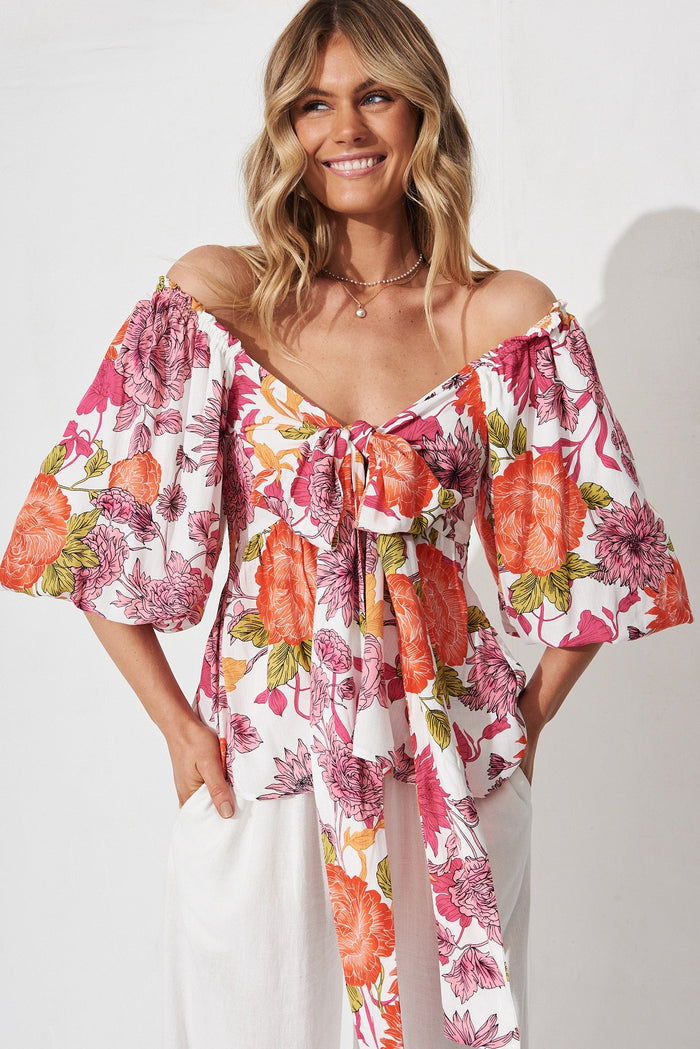 Hally Top In Orange With Pink Floral - front