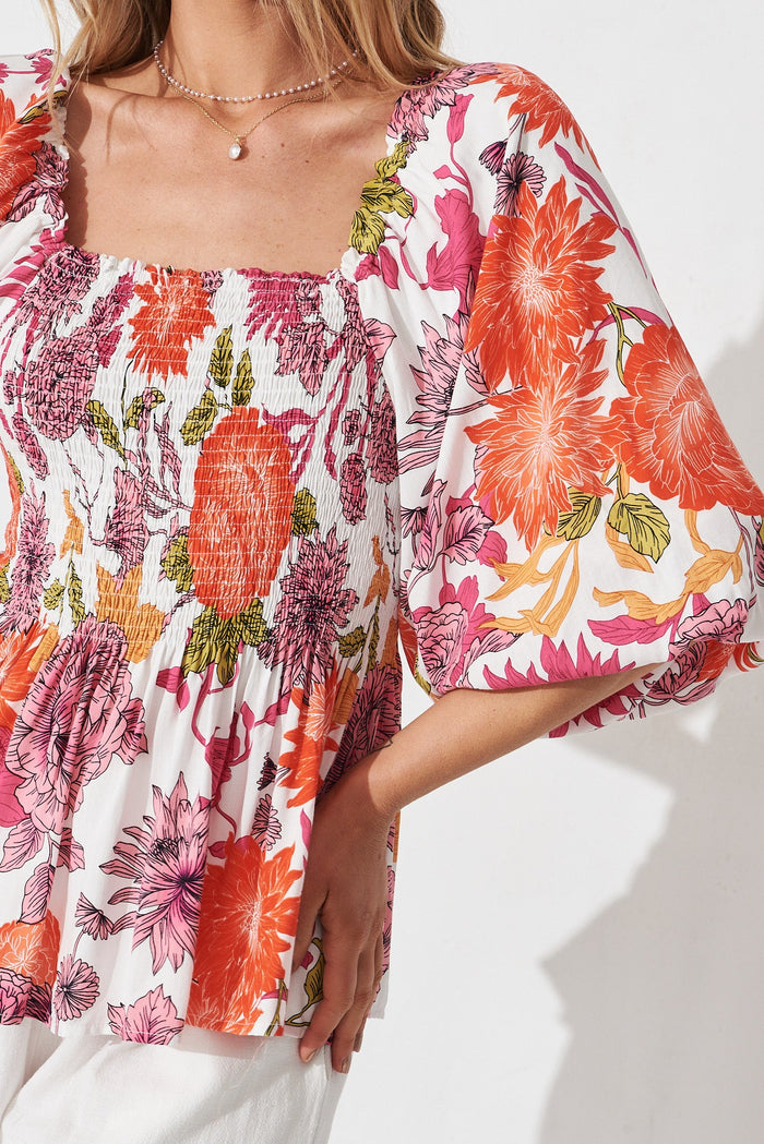 Hally Top In Orange With Pink Floral - detail