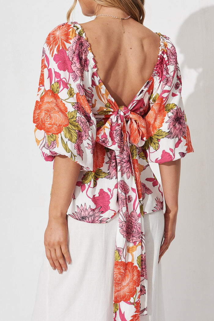 Hally Top In Orange With Pink Floral - back