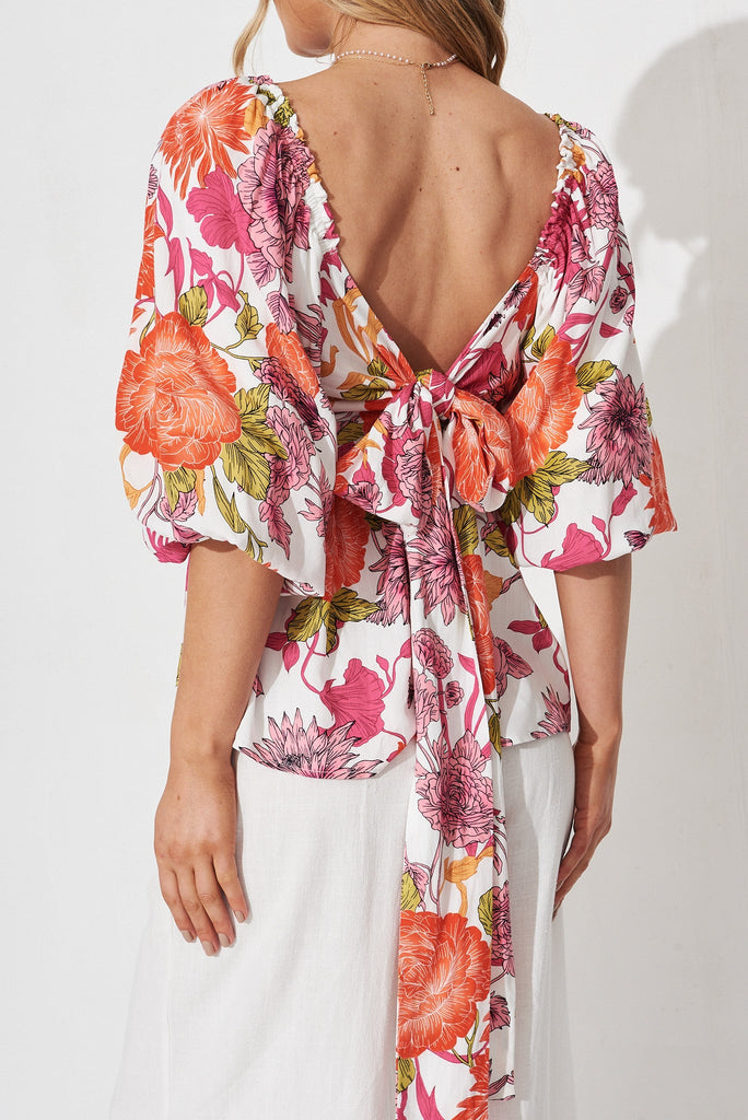 Hally Top In Orange With Pink Floral - back