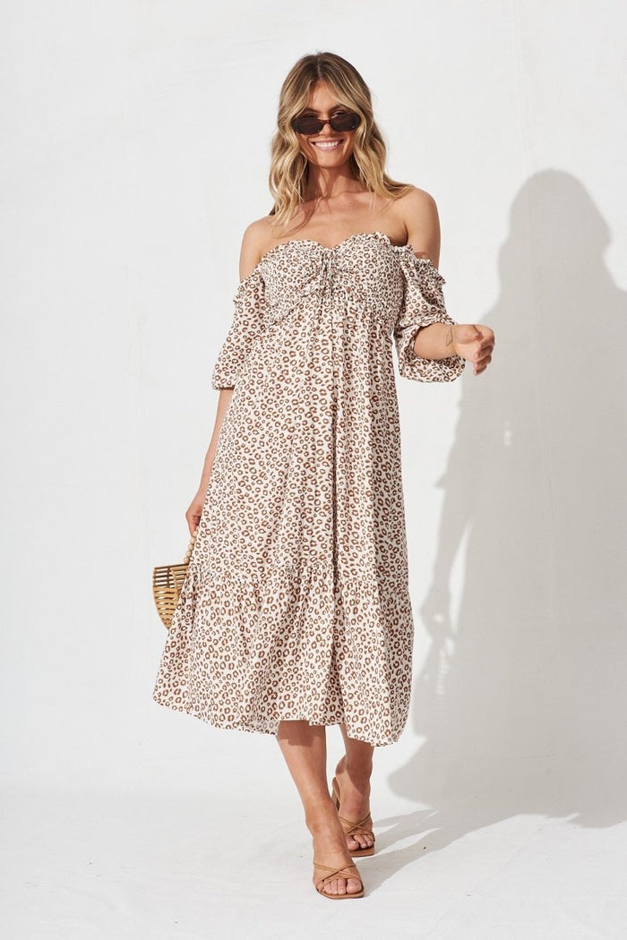 Cindy Midi Dress In White With Leopard Print - St Frock (Dev)