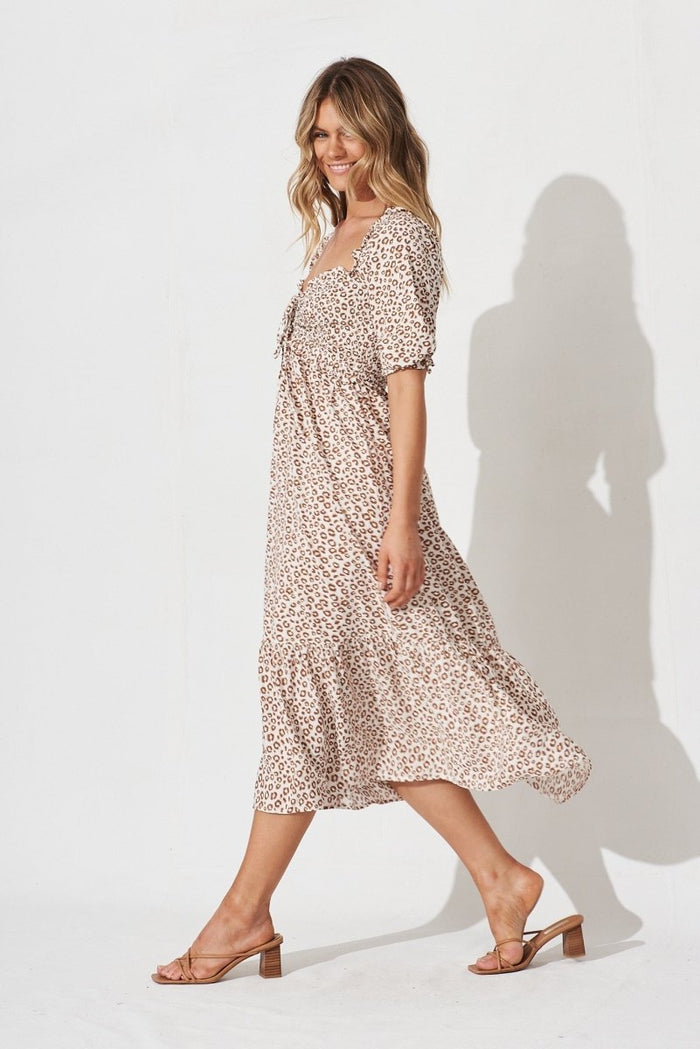 Cindy Midi Dress In White With Leopard Print - St Frock (Dev)
