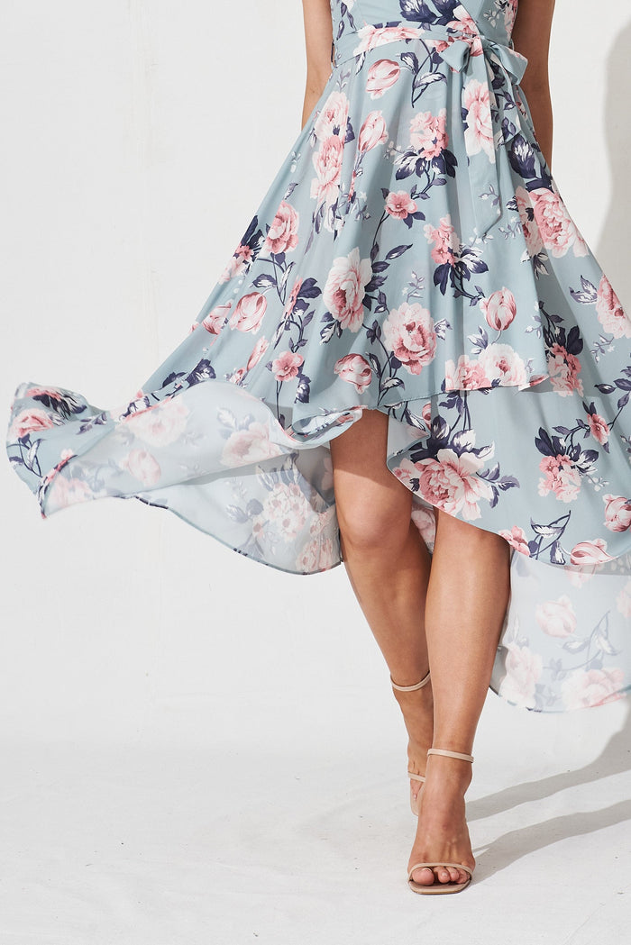 Savannah Maxi Dress In Blue With Pink Floral - bottom detail