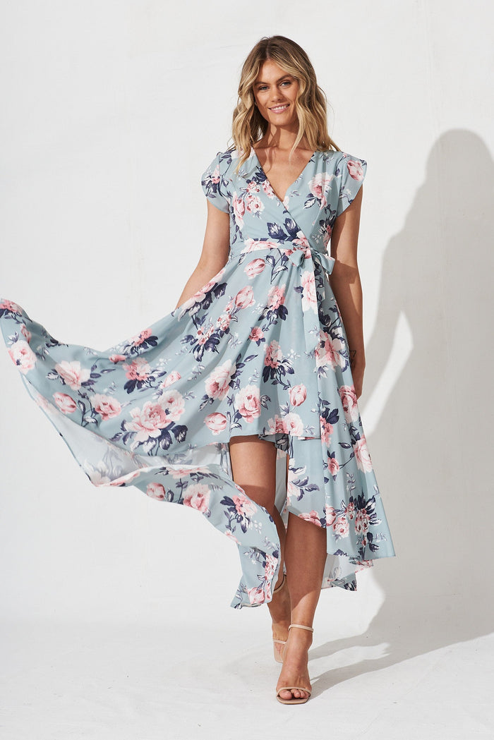 Savannah Maxi Dress In Blue With Pink Floral - full length