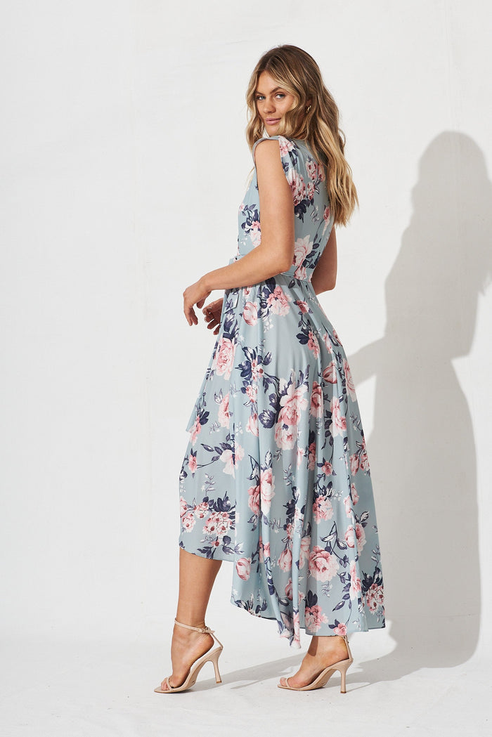 Savannah Maxi Dress In Blue With Pink Floral - side