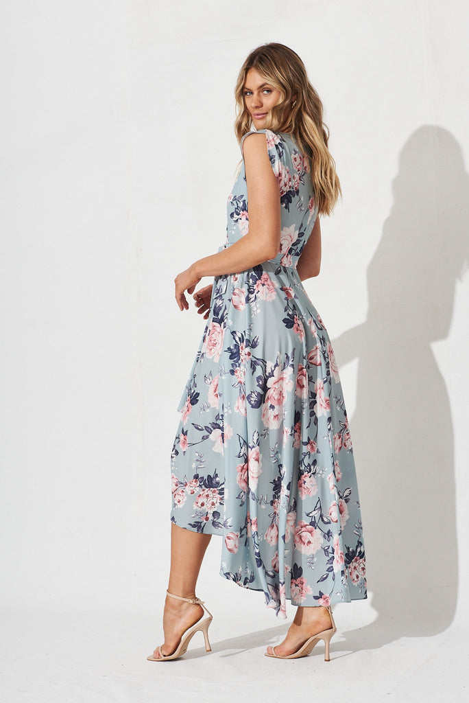Savannah Maxi Dress In Blue With Pink Floral - side