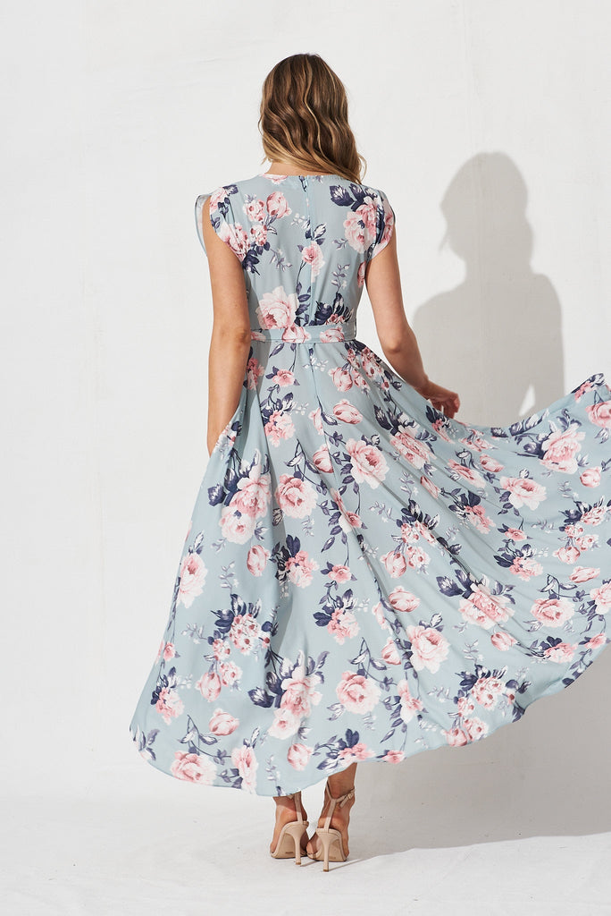 Savannah Maxi Dress In Blue With Pink Floral - back