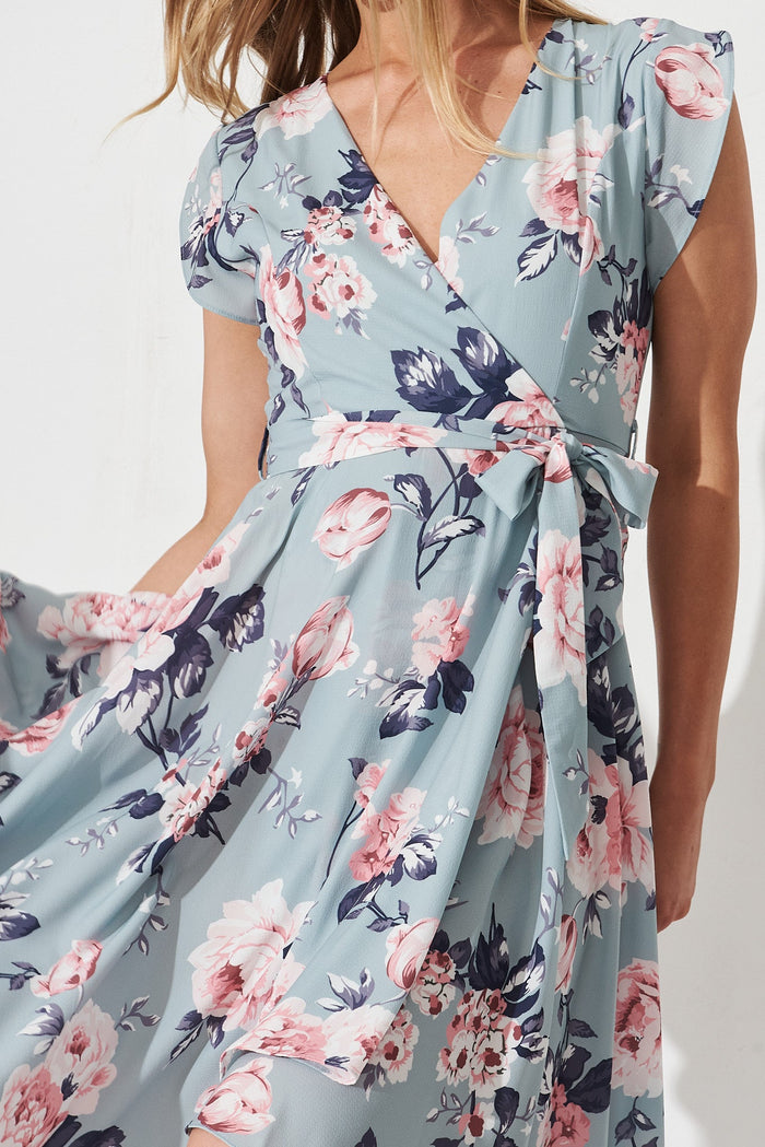 Savannah Maxi Dress In Blue With Pink Floral - detail