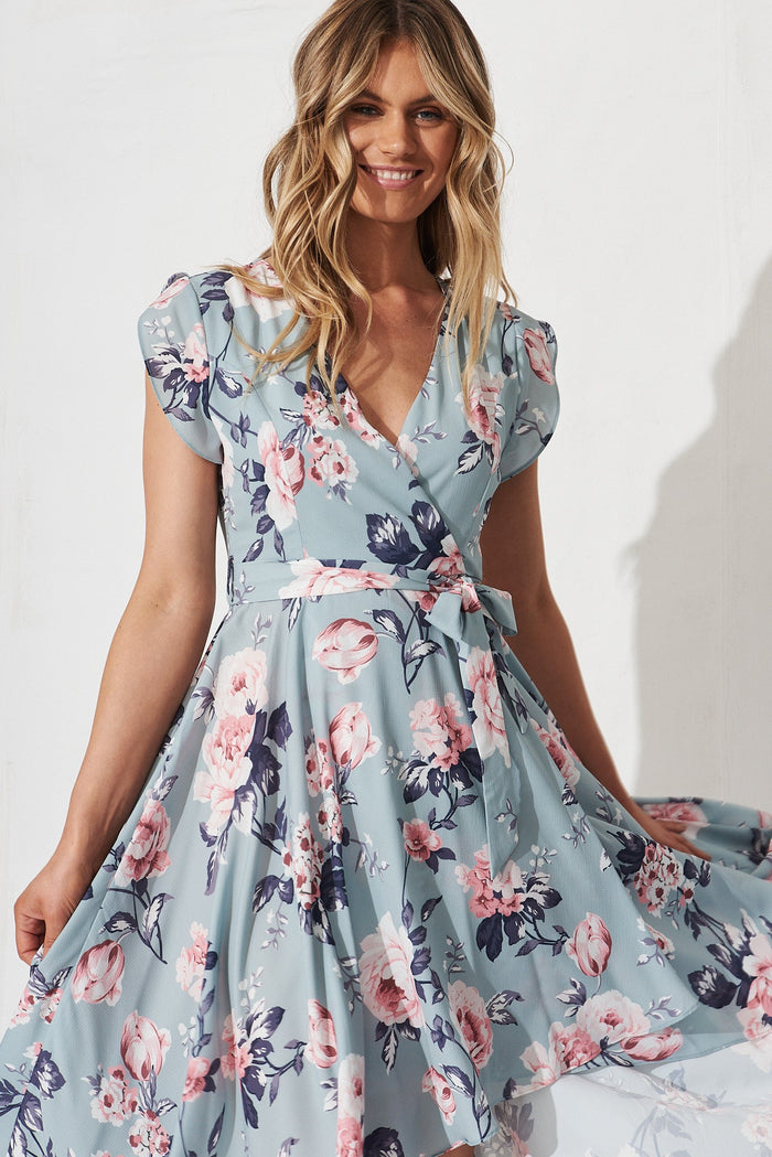 Savannah Maxi Dress In Blue With Pink Floral - front