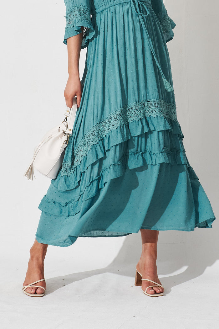 Tallulah Midi Dress In Teal Swiss Dot - bottom detail