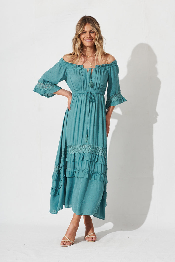 Tallulah Midi Dress In Teal Swiss Dot - full length