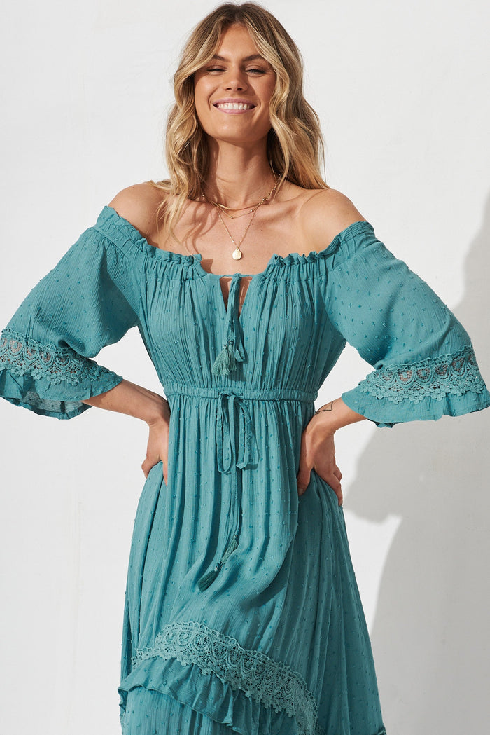 Tallulah Midi Dress In Teal Swiss Dot - front